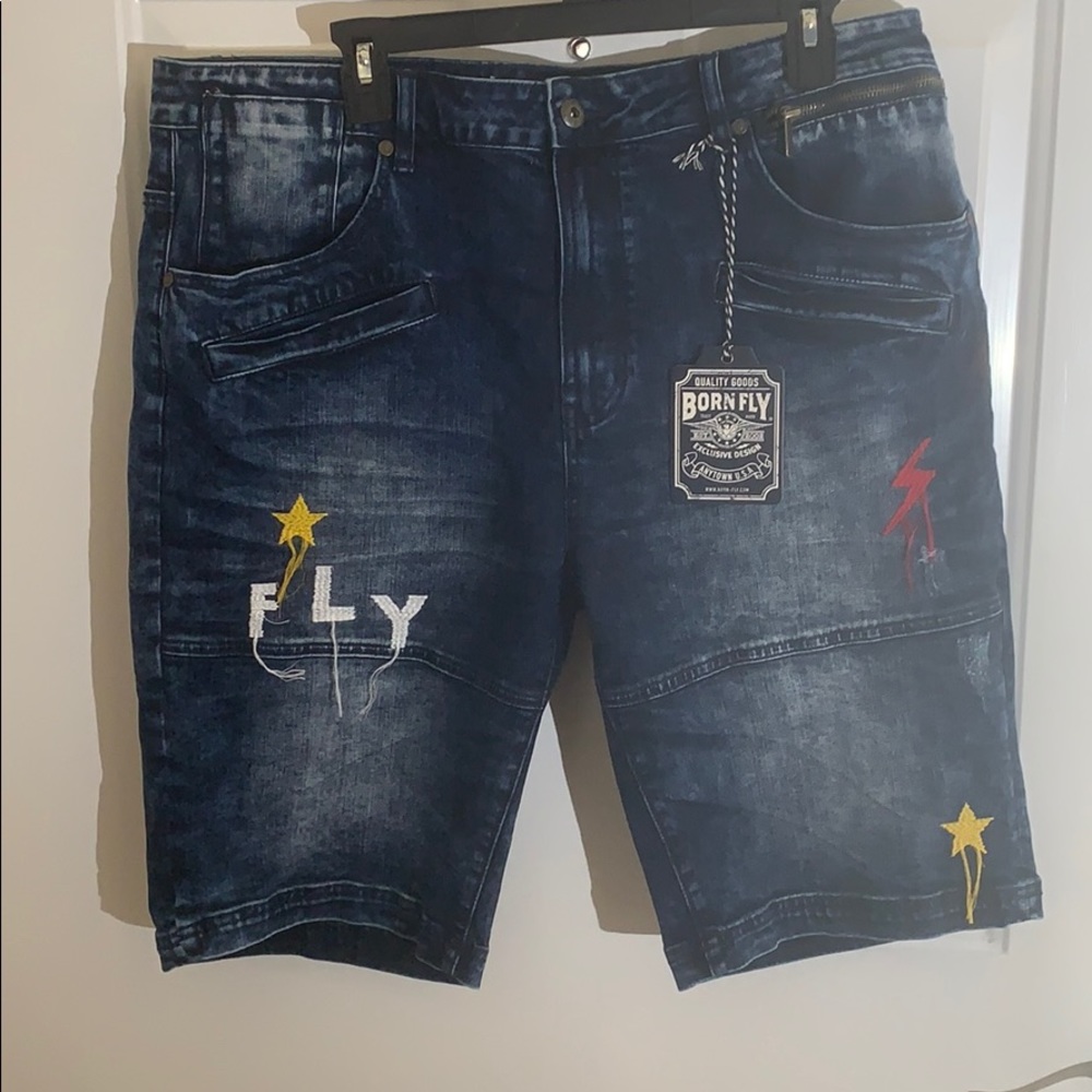 Born to Fly Distressed Zipper Fly Denim Shorts w/Embroidered Detail